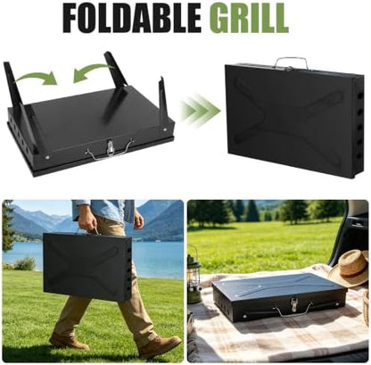 Portable Charcoal Grill, Small Foldable BBQ Suitcase Grill with Storage Shelf, Barbecue Grill for Outdoor Camping Picnics Garden Backyard Patio Parties, 16.7"×10"×17.7"