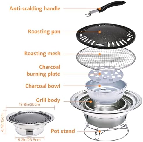Korean Charcoal Grill 13.8 Inches Stainless Steel Tabletop BBQ Grill Stove Outdoor Camping Cooker, Tabletop Smoker Grill BBQ Grill for Patio Garden Backyard