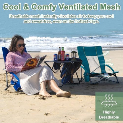 Romswi Low Beach Chairs for Adults 2 Pack, Lightweight Folding Sand Chairs with Breathable Mesh Back & Cup Holder, Portable Compact Camping Chairs, 300lbs Capacity,Green