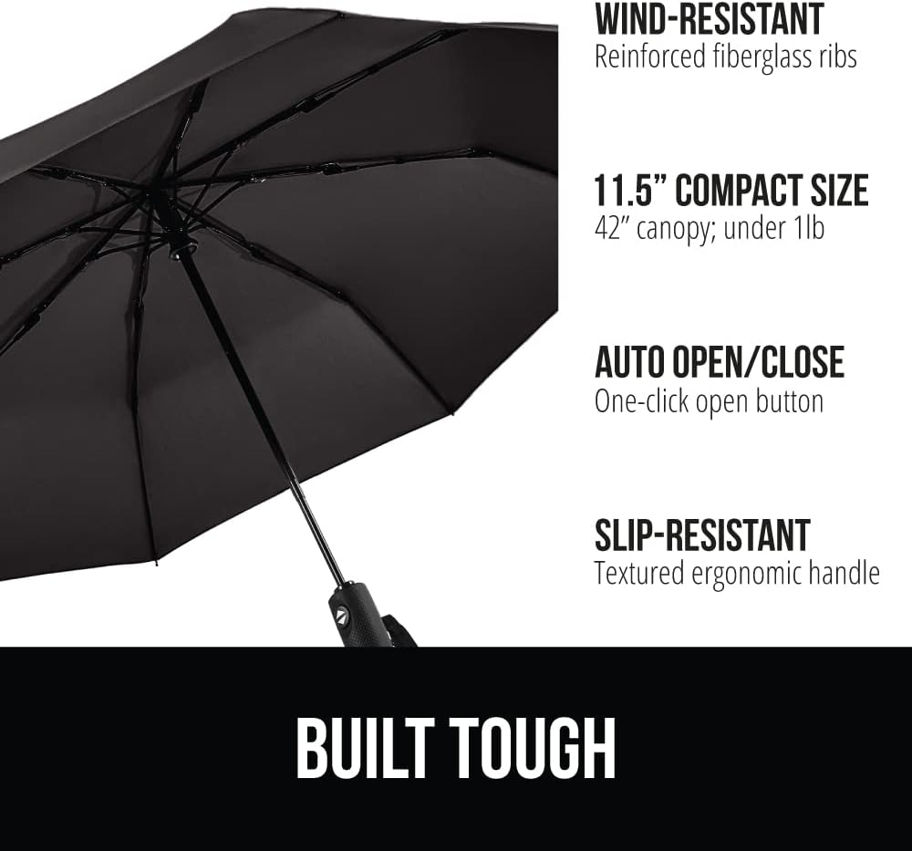 GORILLA GRIP Strong Stick Umbrella for Rain, Compact Travel One-Click Automatic Open Close, Lightweight Portable US Designed Reinforced Fiberglass Ribs, Wind Resistant Easy Collapse Black Gray 2 Pack