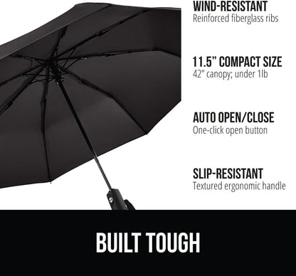 GORILLA GRIP Strong Stick Umbrella for Rain, Compact Travel One-Click Automatic Open Close, Lightweight Portable US Designed Reinforced Fiberglass Ribs, Wind Resistant Easy Collapse Black Gray 2 Pack