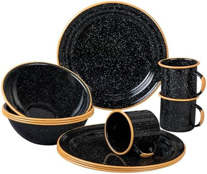 Granite Ware 12-Piece Outdoor Set, Enameled Steel, Perfect for Camping & Picnics - Speckled Black with Color Rim