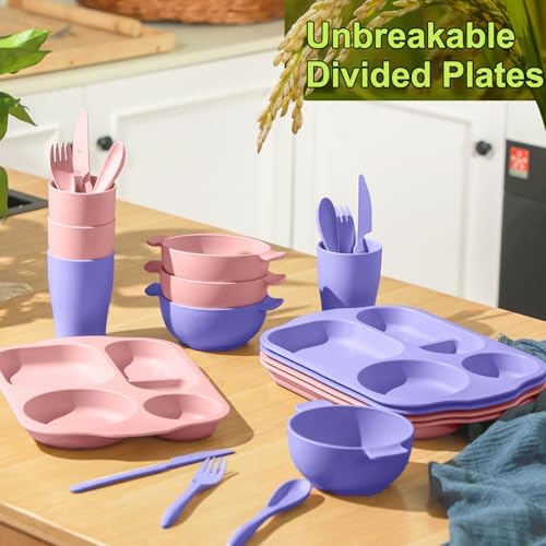 Honoson 24pcs Wheat Straw Dinnerware, Unbreakable, Light Purple and Pink
