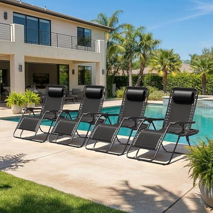 Homall Zero Gravity Chair Patio Folding Lawn Outdoor Lounge Gravity Camp Reclining Lounge Chair with Cup Holder Pillows for Poolside Backyard and Beach Set of 4 (Black)