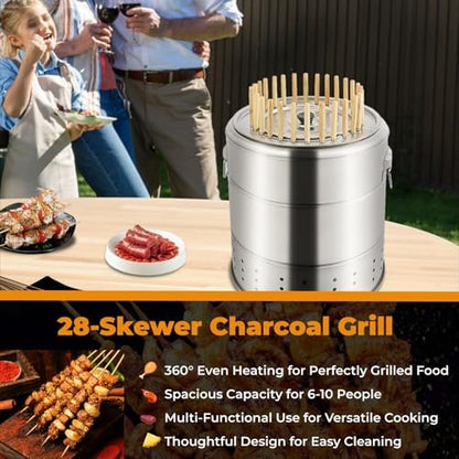 Portable Charcoal Grills, 2 in 1 Vertical Smoker, 360° Smokeless Stainless Steel BBQ Grill Barrel for Outdoor Barbecue, Camping, And Backyard Cooking (Medium-28 Skewers)