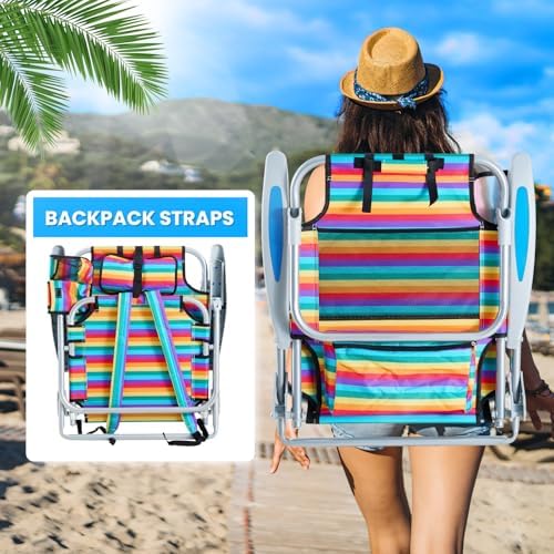 2 Pack Lightweight Portable Camping Beach Chair for Adults, Outdoor Lay Flat Folding Beach Chairs with 5 Positions, Backpack Beach Chair with Towel Bar, Zipper Pouch, Rainbow Striped
