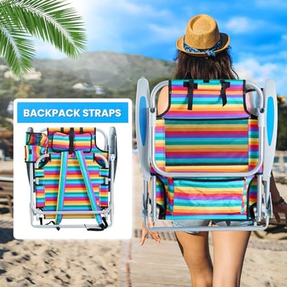 2 Pack Lightweight Portable Camping Beach Chair for Adults, Outdoor Lay Flat Folding Beach Chairs with 5 Positions, Backpack Beach Chair with Towel Bar, Zipper Pouch, Rainbow Striped