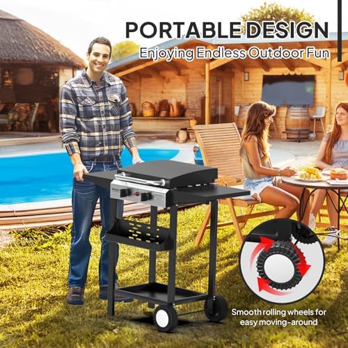 ROVSUN 2 Burner Portable Propane Griddle with Enameled Tray & Lid, 20000 BTU Rolling Flat Top Gas Grill with Electronic Ignition, Side Shelves & Regulator for Outdoor Cooking Camping BBQ Tailgating