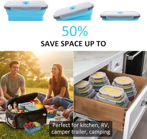 Collapsible Food Storage Containers with Airtight Lid & Vent Valve, 27 oz, Annaklin Kitchen Stacking Silicone Collapsible Meal Prep Container Set for Leftover, Microwave Freezer Safe, Blue, Set of 4