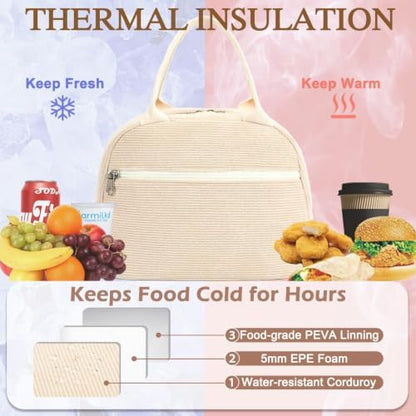 FlowFly Lunch Bag for Women Insulated Lunch Box Corduroy Lunch Tote Cooler for Travel Work Picnic,Corduroy Beige