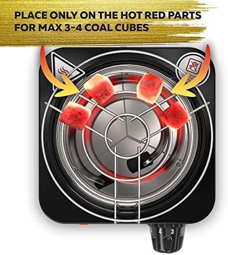 PRO Hookah Coal Burner for Hookah Cubes 500W with grid – BLACK HEAT Charcoal Burner Electric for Shisha with grill & FREE Hooka Tongs - Strong Durable 304 Steel Coil