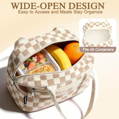 FlowFly Lunch Bag for Women Insulated Lunch Box Corduroy Lunch Tote Cooler for Travel Work Picnic,Corduroy Plaid Khaki