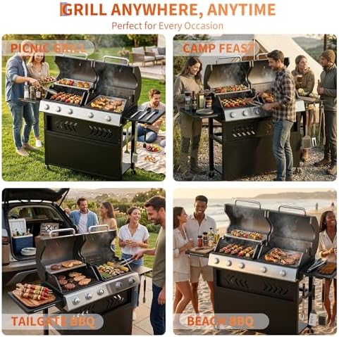 5-Burner Propane Gas Griddle – 40,000 BTU Convertible Flat Top Grill with Hood & Removable Cart – Portable for Camping, Tailgating, Backyard