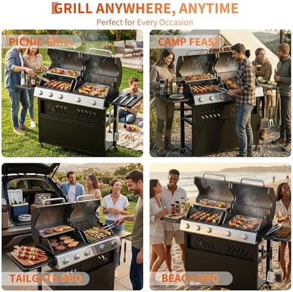 5-Burner Propane Gas Griddle – 40,000 BTU Convertible Flat Top Grill with Hood & Removable Cart – Portable for Camping, Tailgating, Backyard
