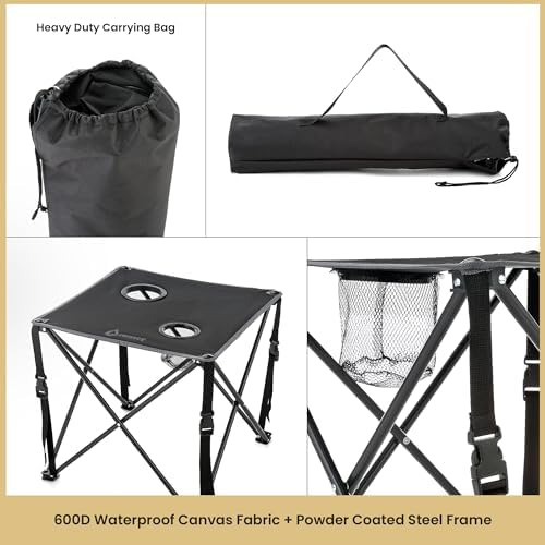 ARROWHEAD OUTDOOR 26” (66cm) Portable Camping Folding Table, 2 Cup Holders, Square, Carrying Case, Steel Frame, High-Grade 600D Canvas