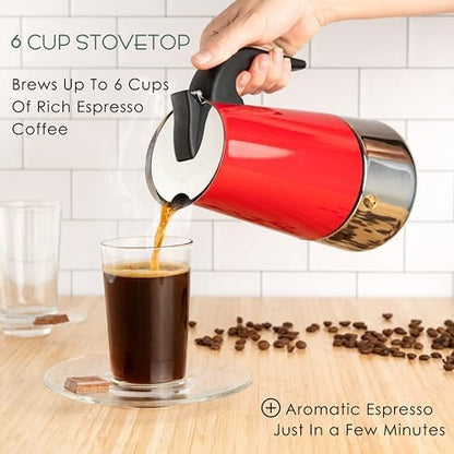 Mixpresso 6 Cup Greca Moka Pot Red Stainless Steel Stovetop Espresso Maker