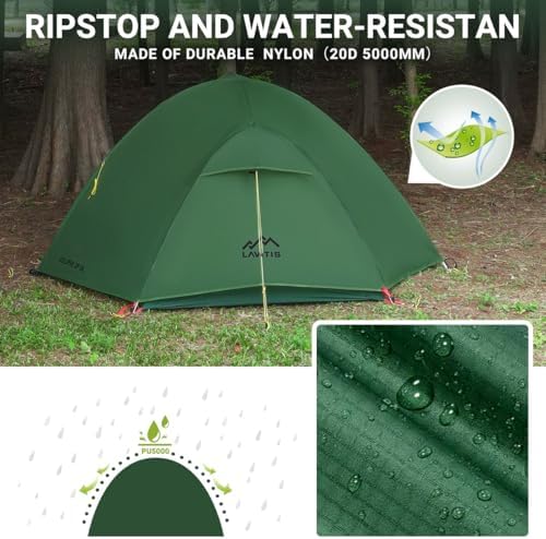 2 Person Lightweight Backpacking Tent,Ultralight Portable 20D Waterproof Nylon Tent for Camping，4.4LB 3 Season Backhiking with 7001 Aluminum Poles and V-Shaped Aluminum Floor Spike