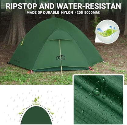 2 Person Lightweight Backpacking Tent,Ultralight Portable 20D Waterproof Nylon Tent for Camping，4.4LB 3 Season Backhiking with 7001 Aluminum Poles and V-Shaped Aluminum Floor Spike