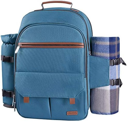 Sunflora Picnic Backpack for 4 Person Set Pack with Insulated Waterproof Pouch for Family Outdoor Camping(Light Blue)