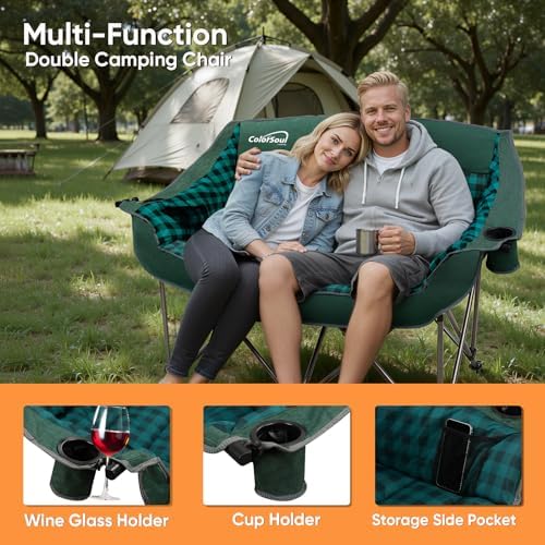Colorsoul Double Folding Camping Chair,Fully Padded Loveseat Camping Couch,Oversized 2 Person Lawn Chair w/Cup Holder,Wine Glass Holder,Mesh Storage for Patio Picnic Beach,Support 600lbs,Green Plaid
