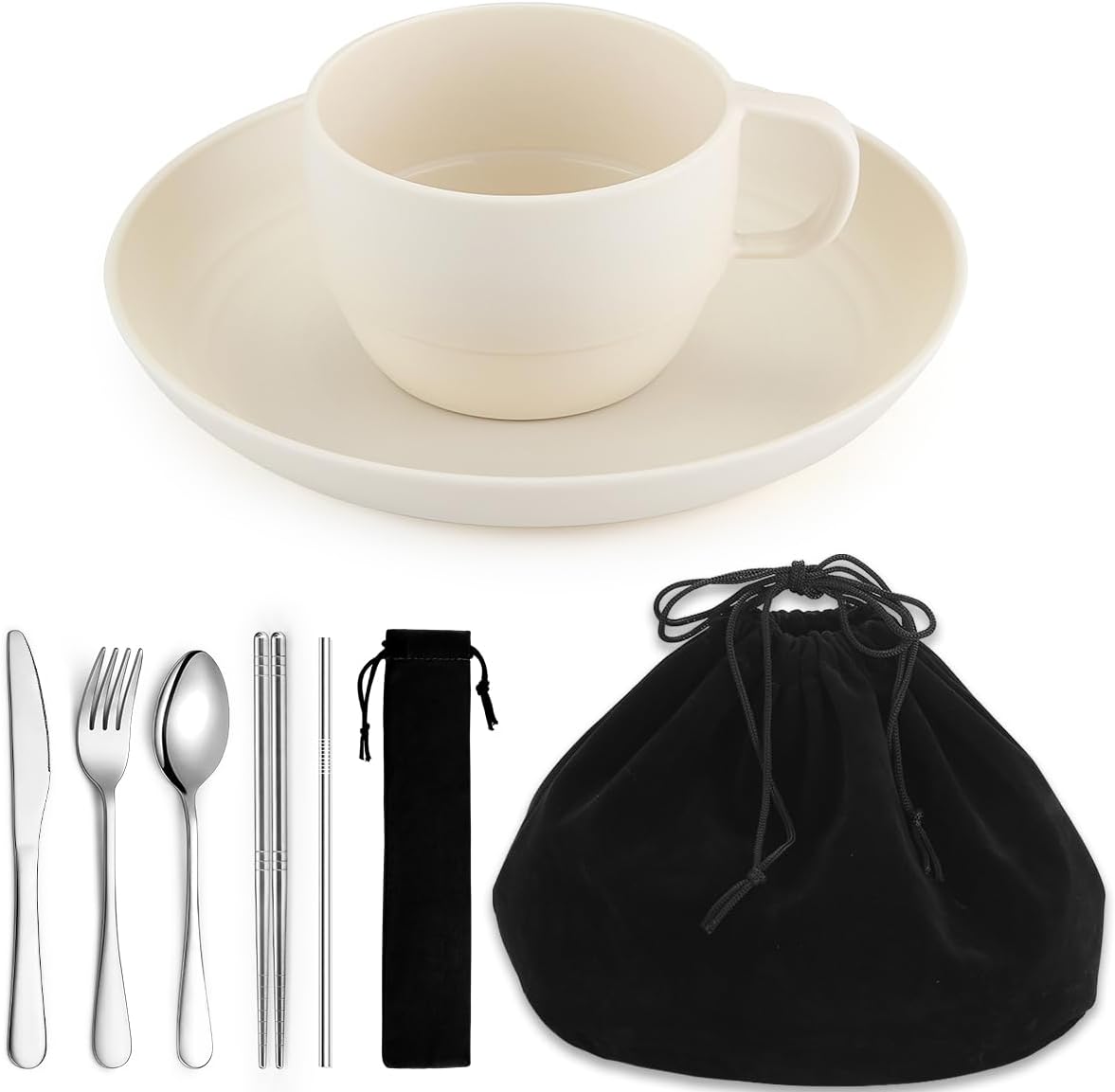 Camping Essentials Set, HOMQUEN Camping Plates and Bowls Set, Coffee Mug, Travel Cutlery Set Include Spoon, Fork, Knife for Work, Outdoor,Picnic, Camp （White）