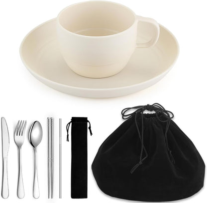 Camping Essentials Set, HOMQUEN Camping Plates and Bowls Set, Coffee Mug, Travel Cutlery Set Include Spoon, Fork, Knife for Work, Outdoor,Picnic, Camp （White）