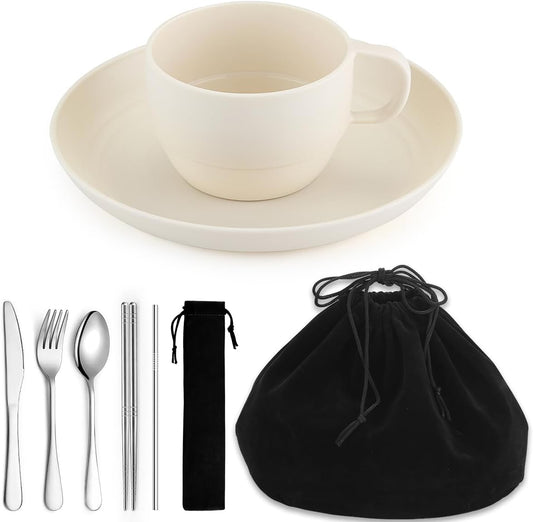 Camping Essentials Set, HOMQUEN Camping Plates and Bowls Set, Coffee Mug, Travel Cutlery Set Include Spoon, Fork, Knife for Work, Outdoor,Picnic, Camp （White）