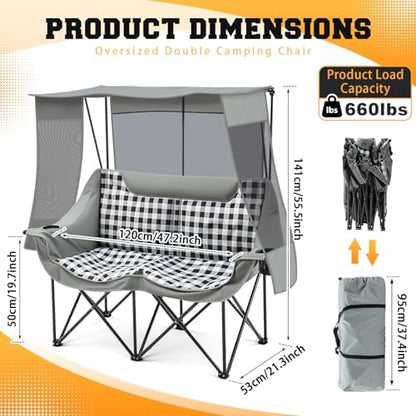 Teenyyou Double Camping Chair with Canopy 660lbs Heavy Duty, Grey Plaid
