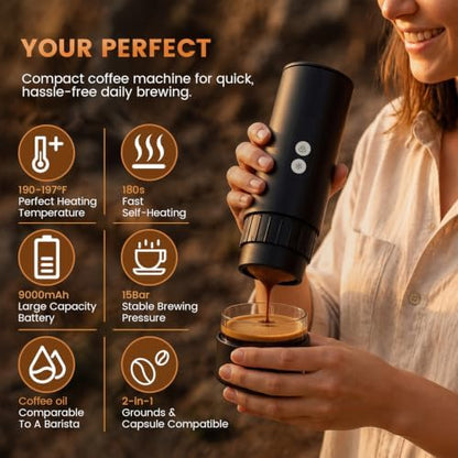 Electactic Portable Coffee Maker with Self-Heating, Camping Coffee Maker for Travel with 9000mAh Battery, Travel Coffee Maker for Ground Coffee & Nespresso Pods, Ideal for Gym/Camp/Travel/Office
