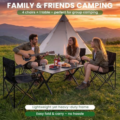 4 Pack Folding Camping Chairs with Table Set, Foldable Portable Lawn Chairs with Carry Bag & Cup Holder, Outdoor Table and Chairs for Camp,Beach, Picnics,and Fishing Supports 300LBS（Black）