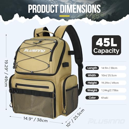 PLUSINNO Cooler Fishing Backpack with Rod Holders 45L Large Water-resistant Fishing Tackle bag Store Fishing Gear Fishing Gifts for Men Father