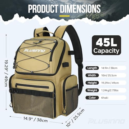 PLUSINNO Cooler Fishing Backpack with Rod Holders 45L Large Water-resistant Fishing Tackle bag Store Fishing Gear Fishing Gifts for Men Father