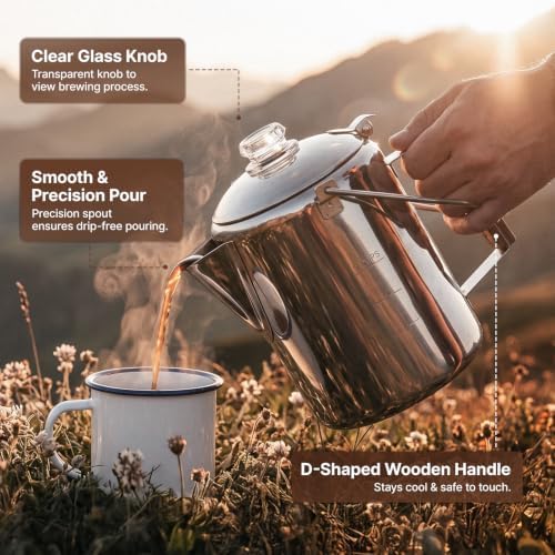 KingCamp Percolator Coffee Pot,304 Stainless Steel with Wood Handle,9 Cup