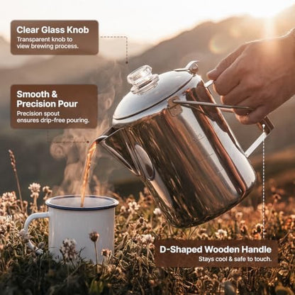 KingCamp Percolator Coffee Pot,304 Stainless Steel with Wood Handle,9 Cup