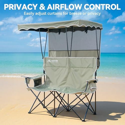 Double Camping Chair with Canopy,2 Person Folding Chair with Canopy, Green