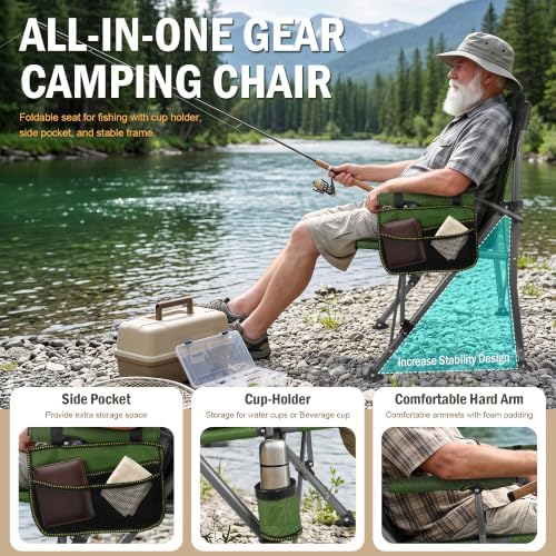 2 Pack Folding Camping Chair with Cup Holder and Storage Bag,Heavy Duty Supports 400 LBS,Portable Outdoor Chair for Camp,Lawns,Travel,Fishing,Green