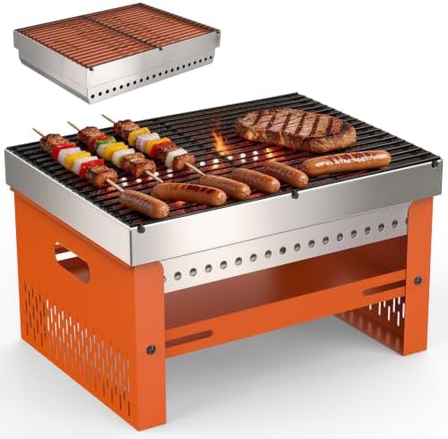 Portable Charcoal Grill, Small Tabletop BBQ, Foldable Mini Hibachi, Stainless Steel Camping Grill, Compact Outdoor Cooker for Picnic, Tailgating (Orange)