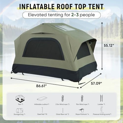 Inflatable Rooftop Tent for Car Truck, 2-3 Person Camping Roof Top Tent with Inflatable Mattress & Ladder for Outdoor Adventure, Easy Set-up