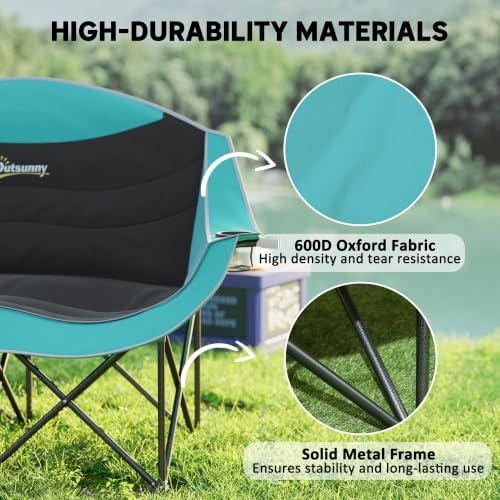 Outsunny Double Camping Chair for Adults, Padded Folding Camp Chair for 2 Person with Armrest, Wine Glass Holder, Cup Holder, Carry Bag for Outdoor Sports, Picnics, Supports up to 552 lbs.