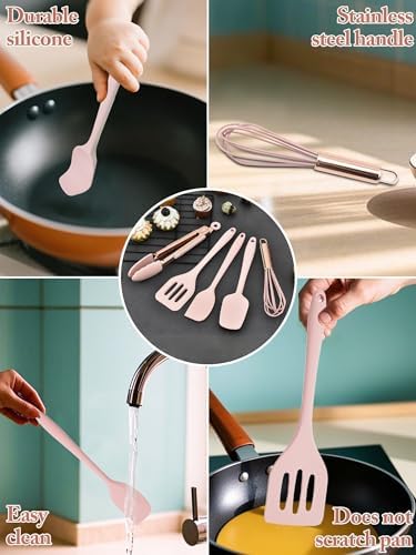 Kitchen Utensil Set,5 Pcs Mini Silicone Cooking Utensils Sets,Heat Resistant Non Stick Kitchens Gadgets BPA-Free Spatula Set,Kitchen Set for Cooking(Pink)
