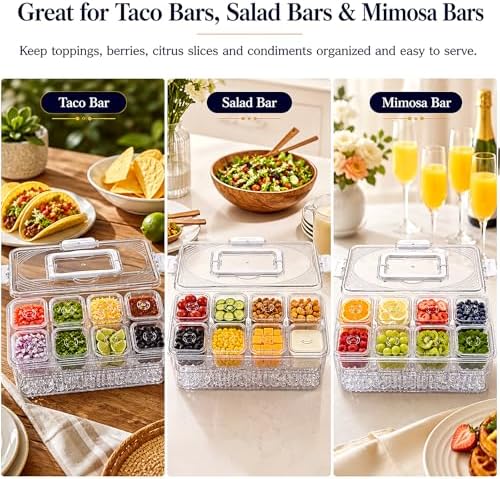 Upgraded 8-Compartment Chilled Condiment Server with Carry Handle, Large Cocktail Garnish Tray, Portable Fruit Tray with Ice Bottom, Cook Out Essentials for BBQ, Taco Bar, Camping