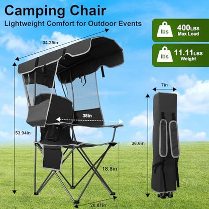 Romswi Large Folding Canopy Camping Chairs for Adult 2 Pack, Portable Outdoor Chairs with Sunshade,Cup Holder & Side Pocket for Camping, Fishing, Beach, Backyard, Black