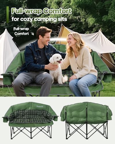 Padded Double Camping Chair Loveseat Oversized Camping Couch, Green