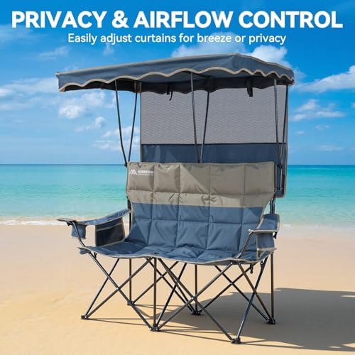 Padded Double Camping Chair With Canopy,Folding Chair Support 450LBS, Blue