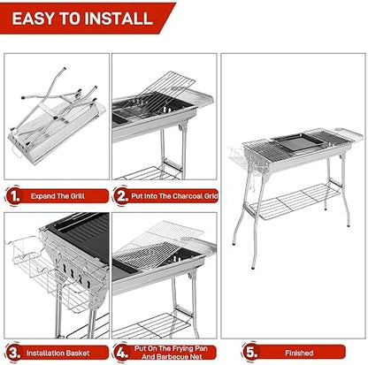 Karl home Portable Charcoal Grill, 39 x 12x 28" Foldable Barbecue Grill, Stainless Steel BBQ Grill for Cooking Outdoor Camping Garden Beach Party Hiking Picnic(Large)