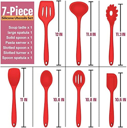 Silicone Cooking Utensils Set, E-far 7-Piece Red Heat Resistant Kitchen Utensils Set, Kitchen Nonstick Tools Spatula Ladle Spoon Pasta Server for Non-stick Cookware, Non-Toxic & Dishwasher safe