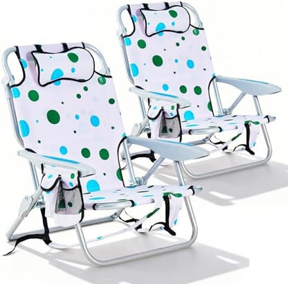 2 Pack Lightweight Portable Camping Beach Chair for Adults, Outdoor Lay Flat Folding Beach Chairs with 5 Positions, Backpack Beach Chair with Towel Bar, Zipper Pouch, Geometric Circle