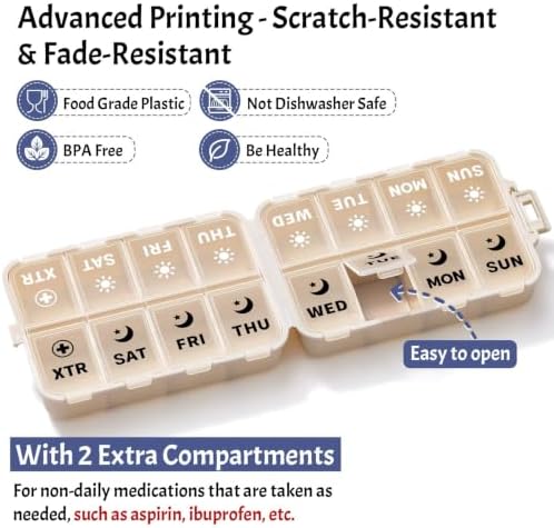 Foldable Portable 7 Day Pill Organizer 2 Times a Day, AM PM Weekly Pill Box