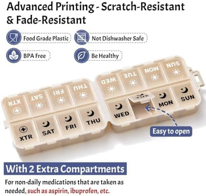 Foldable Portable 7 Day Pill Organizer 2 Times a Day, AM PM Weekly Pill Box