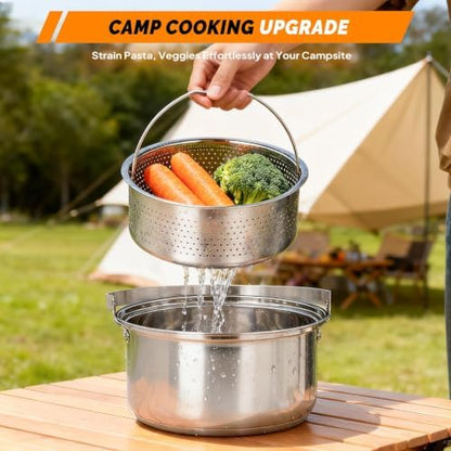 Bonnlo Camping Cookware Set, 6 Pcs 304 Stainless Steel Camp Pots and Pans with Kettle, Steamer Basket & Lids, Travel Tote Bag Included for Outdoor Cooking, Works on Gas, Electric & Induction Cooktops